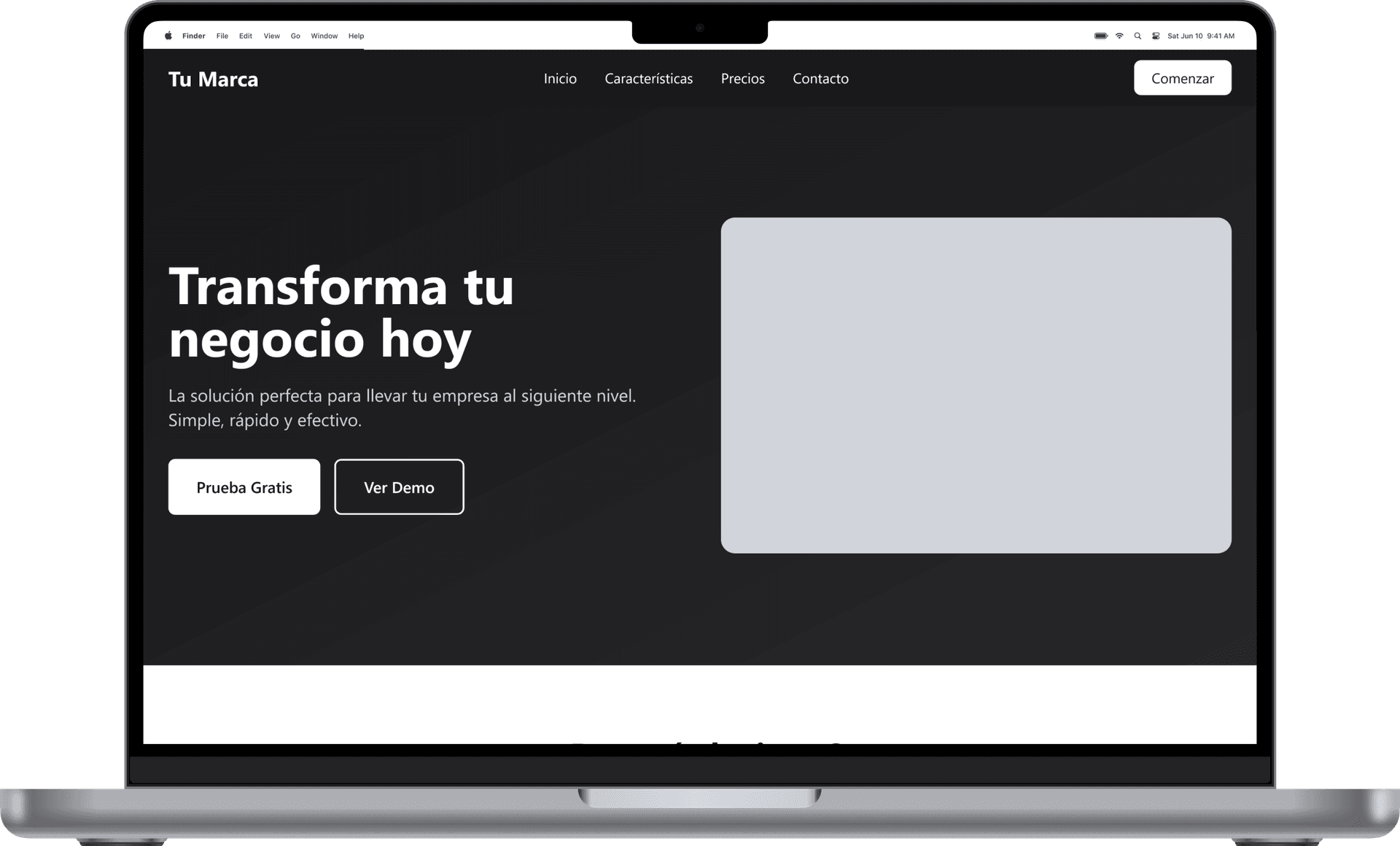 Landing page mostrada en un MacBook Pro